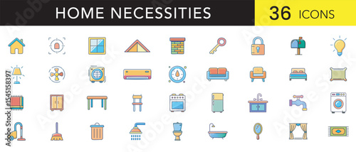 Home Essentials Flat Color Icon Set – Minimal Vector Icons of Everyday Household Items and Utilities

