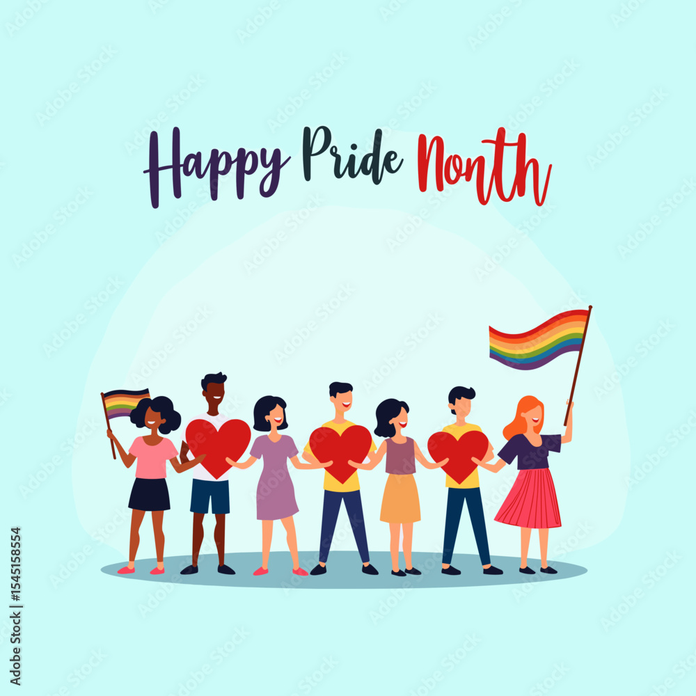 Fototapeta premium pride month, happy pride, pride celebration, lgbtq banner, pride banner, pride parade, pride group, pride people, pride illustration, diversity, inclusivity, lgbt community, pride support, love is lov