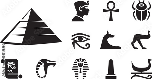 Black And White Line Art Illustration Ancient Egypt Symbols Pyramid Scarab Ankh Eye Of Horus Pharaoh