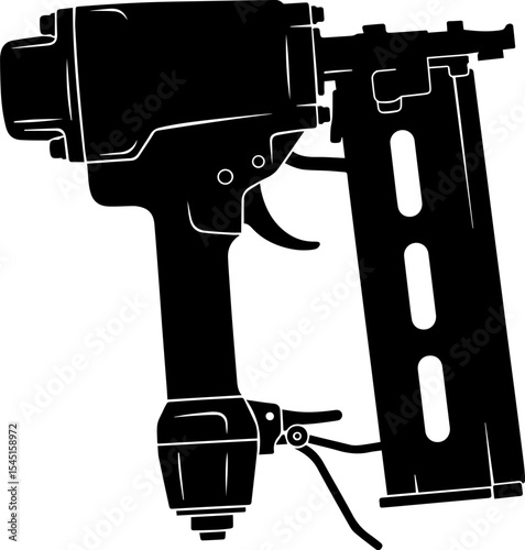 Flat Black Silhouette illustration of a pneumatic nail gun, Construction Tools, isolated on white background