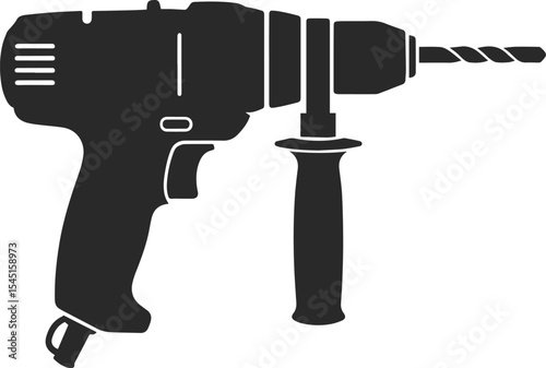 Flat Black Silhouette illustration of a cordless drill, Construction Tools, isolated on white background
