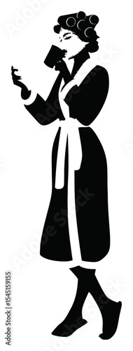 Elegant Woman Silhouette Holding Cup in Bathrobe with Hair Rollers