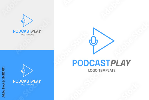 Mic with play button for podcast media logo design template vector illustration