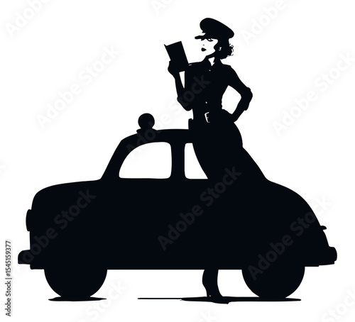 Vintage Police Officer Silhouette Standing on Classic Car with Book