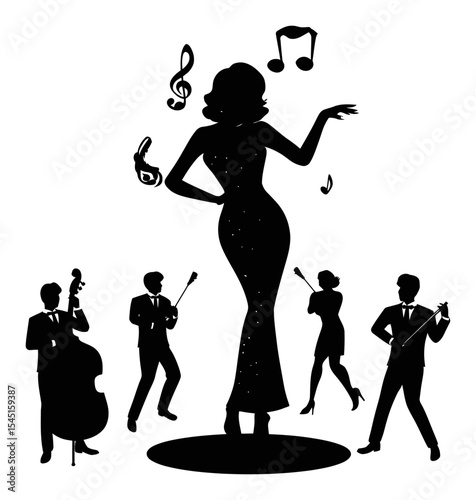 Elegant Silhouette of a Singer with Musicians and Musical Notes in Background