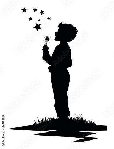 Silhouette of a Child Holding a Sparkler Surrounded by Stars at Night