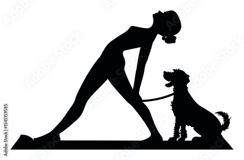 Woman Doing Yoga Pose with Dog Silhouette on a White Background