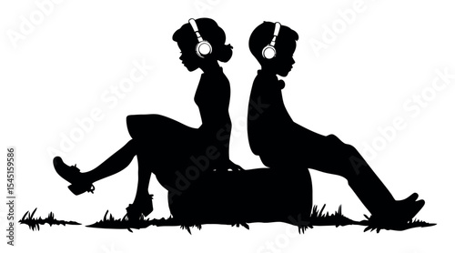 Silhouette of Two Children Sitting Back to Back Listening to Music