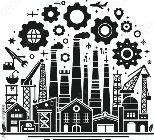 Set of house icons with various building styles in a vintage urban design pattern