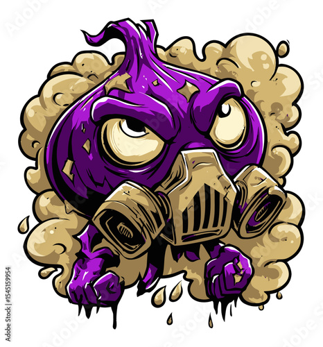 Purple Cartoon Character with Gas Mask and Dusty Explosion Background