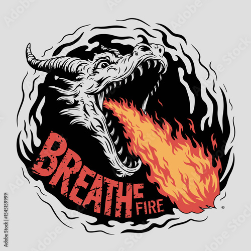 Fiery Dragon Breath Fire Illustration Graphic Design Vintage Style Powerful Mythological Creature Powerful Beast Intense Energy Hot Flames Detailed Artwork Bold Design Breathtaking Dragon Head Fierce 