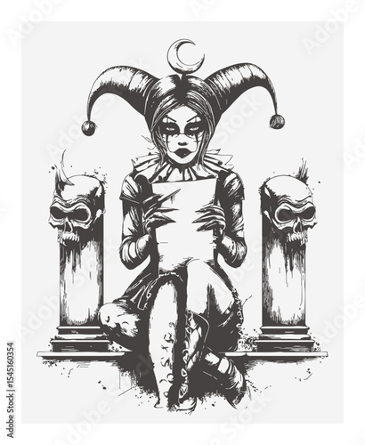 Hand-drawn Illustration of a Mysterious Character with Jester Hat and Skulls
