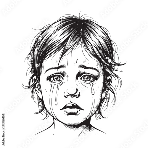 Black and White Drawing of Crying Child with Short Hair