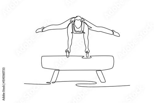 Single one line drawing athlete gymnast exercise pommel horse in championship gymnastics artistic, summer sport games. Man perform acrobatic motion. Continuous line design graphic vector illustration