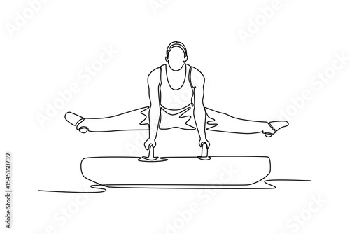 Single one line drawing professional male gymnast doing the splits and balancing on the pommel horse in championship gymnastics artistic. Modern continuous line draw design graphic vector illustration