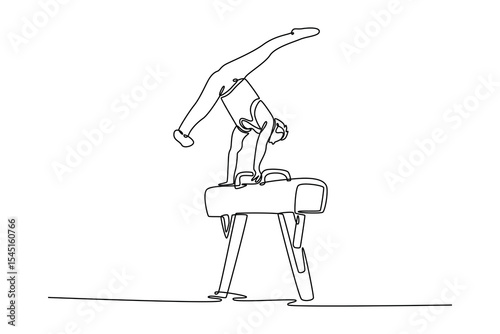 Continuous one line drawing male athlete doing complicated exciting trick on pommel horse in professional gym. Man perform stunt in sports clothes. Single line draw design vector graphic illustration