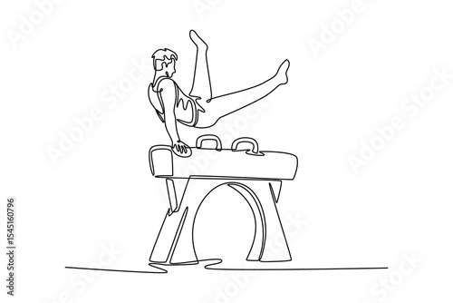 Single one line drawing male gymnast performing on pommel horse competition artistic gymnastics. Male athlete doing complicated exciting trick. Continuous line draw design graphic vector illustration