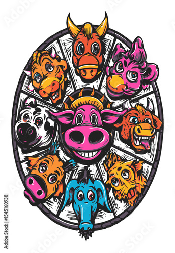 Colorful Cartoon Animal Heads on a Wheel in Playful Graphic Design