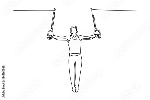 Continuous one line drawing sportive male gymnast training in gym, flexible and active. Male athlete in sportswear practicing balance on the rings. Single line draw design vector graphic illustration