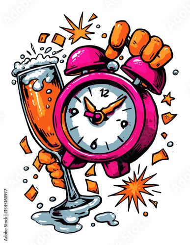 Colorful Cartoon Alarm Clock with Champagne Glass and Festive Elements