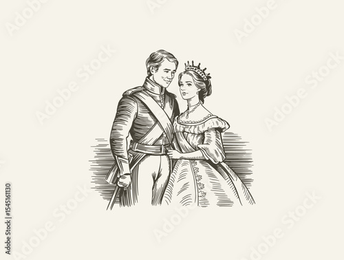 Engraved Vintage Illustration Romantic Couple in 19th Century Attire