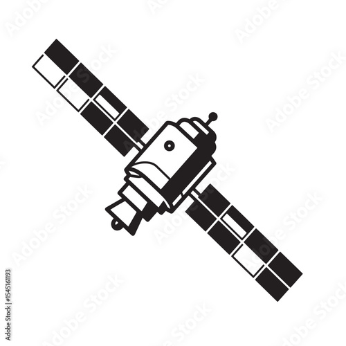 Black and white vintage art silhouette illustration of a satellite communicating in space for educational or creative projects