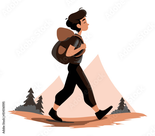 Young Person Hiking in Nature with Backpack Surrounded by Mountains and Trees