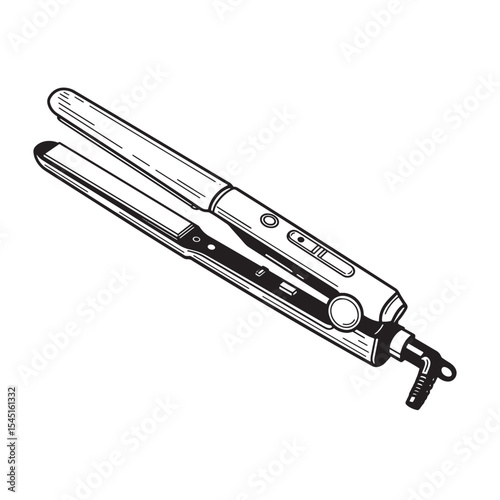 Black and white vintage art silhouette illustration of a hair straightening iron for beauty salon usage