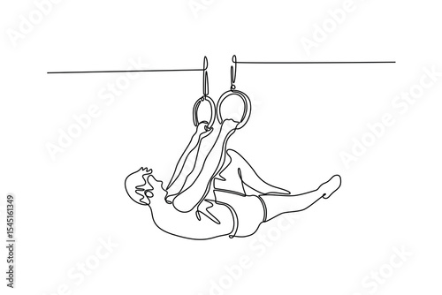 Continuous one line drawing young active strong sweaty athlete muscular fit man with big muscles doing cross workout training on the gymnastic ring. Single line draw design vector graphic illustration