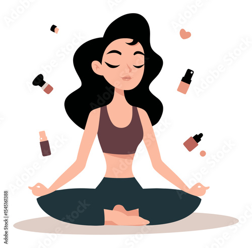 Cartoon Young Woman Meditating with Cosmetic Products Floating Around Her