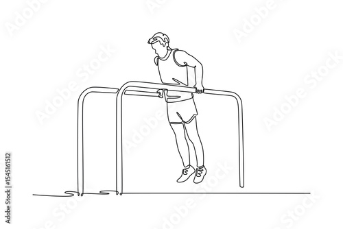 Single continuous line drawing flexible gymnast exercise parallel bars in championship gymnastics. Movement, action, motion, healthy lifestyle. Dynamic one line draw graphic design vector illustration