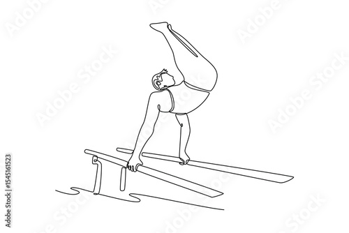 Single continuous line drawing professional male gymnast swinging on parallel bars while doing muscle up exercise during calisthenics workout in gym. One line draw graphic design vector illustration