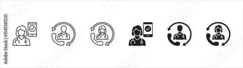 Healthcare icon set. Health insurance symbol. Doctor consultation apps icon. Icons set contains online doctor, hospital, medical consultant, medic, clinic, emergency call. Vector illustration