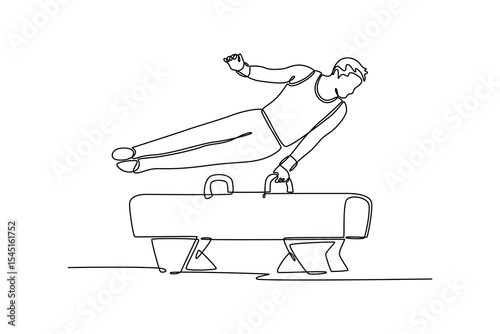Single one line drawing attractive gymnast performing on pommel horse competition artistic gymnastics. Fit gymnast athlete in sportswear. Modern continuous line draw design graphic vector illustration