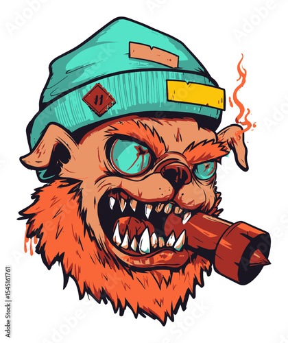 Bold and Colorful Vector Art of a Ferocious Cartoon Dog with Pipe