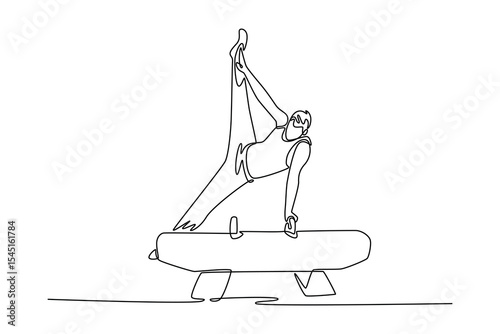 Single one line drawing male gymnast doing a scissor kick on the pommel horse. Flexible man athlete training in gym. Healthy lifestyle. Modern continuous line draw design graphic vector illustration