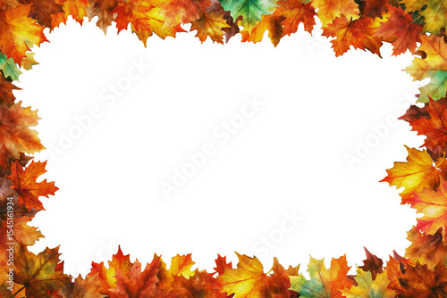 A vibrant autumn frame composed of maple leaves in shades of red, orange, yellow, and green, perfect for backdrops, seasonal designs, and fall projects. No background.