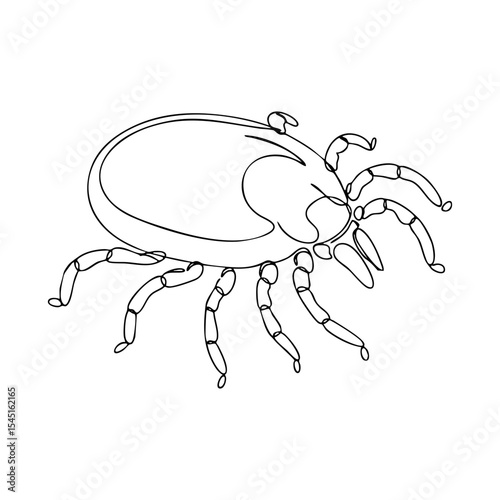 High detail vector line art of a tick, side view with visible legs and oval-shaped body in scientific style