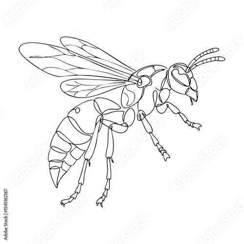 Detailed vector line art illustration of a wasp in side view, showing segmented body, wings, and antennae