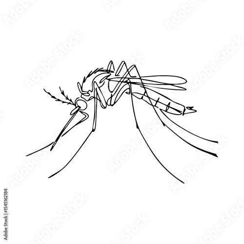 Vector line art of a mosquito feeding on skin, with visible proboscis, antennae and long legs in sketch style