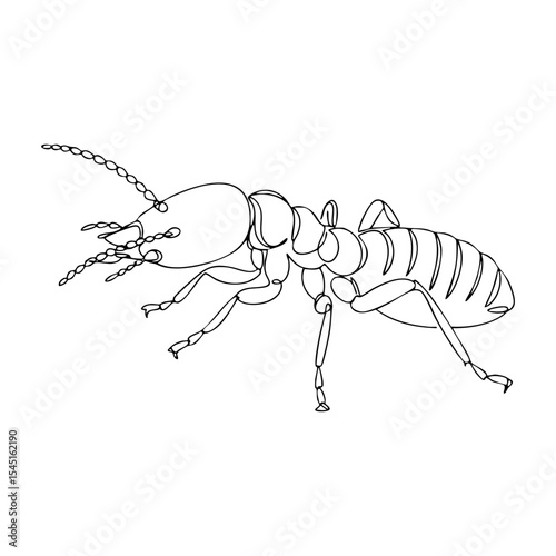 Vector line art of a termite with detailed body segments, mandibles, antennae and six legs in side profile