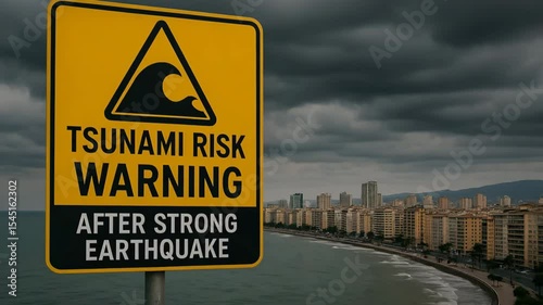 A tsunami risk warning sign stands prominently on the coast, alerting residents of potential danger after a strong earthquake. The somber sky looms over a distant cityscape.