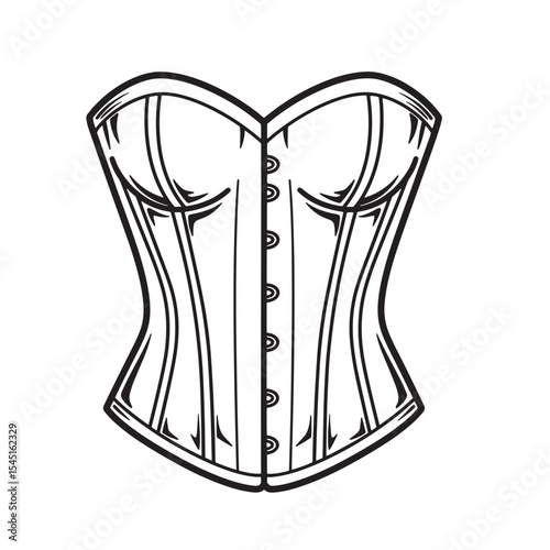 Detailed line art illustration of a vintage art silhouette corset in black and white for fashion design