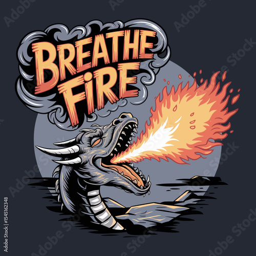 Fiery Dragon Breath Fire Illustration Powerful Mythological Creature Design Graphic Vintage Style Artwork Breathtaking Fantasy Art Majestic Dragon Breathes Intense Flames Strong Powerful Design       