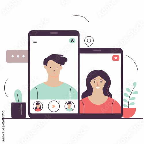 Engaging Mobile Video Call Communication & Virtual Connection Illustration - Connecting People Through Smartphone Screens