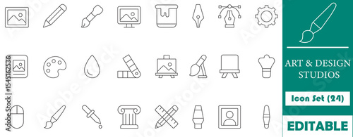 Icon set for design and art studios. Modern collection of graphic design, creativity, illustration, photography, and web development tools.