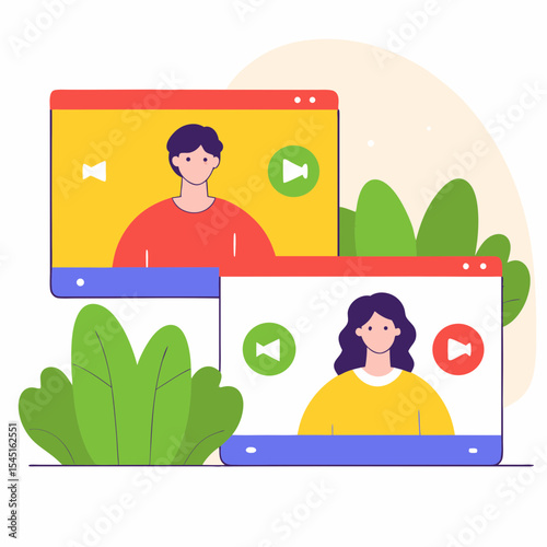 Dynamic Online Video Conferencing & Virtual Meeting Illustration - Connecting Individuals Through Digital Platforms