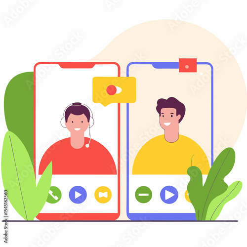 Dynamic Mobile Video Call Communication & Virtual Interaction Illustration - Connecting People Through Smartphone Screens