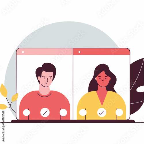 Modern Online Dating & Virtual Connection Illustration - Building Relationships Through Digital Platforms and Video Calls
