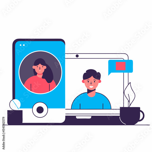 Professional Video Call & Virtual Communication Illustration - Connecting People Through Laptops and Mobile Devices

